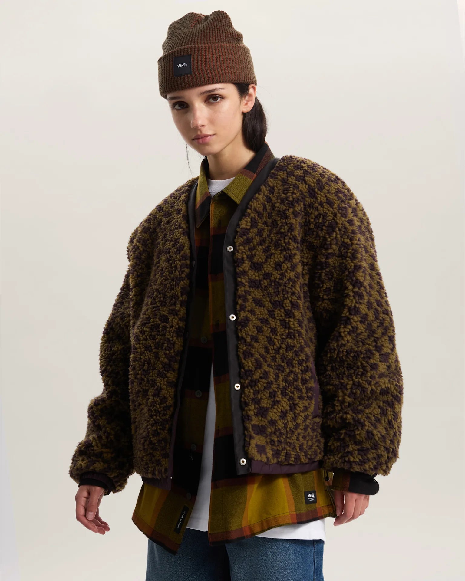 VANS Suffolk Cheetah Check Pile Coat Dark Port Kabát VN000Q53EMS1 - 3